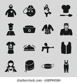 Uniform icons set. set of 16 uniform filled icons such as security guy, maid, sleeveless shirt, soldier emot, gardener jumpsuit, nurse hat, doctor with medical reflector