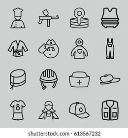 Uniform icons set. set of 16 uniform outline icons such as helmet, maid, sleeveless shirt, baseball cap, gardener jumpsuit, nurse hat, medical reflector