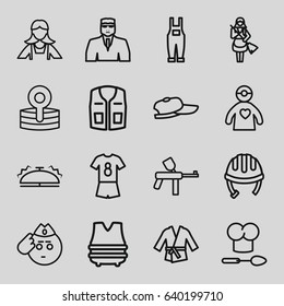 Uniform icons set. set of 16 uniform outline icons such as helmet, security guy, maid, sleeveless shirt, gardener jumpsuit, medical reflector, doctor with medical reflector