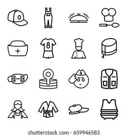 Uniform icons set. set of 16 uniform outline icons such as maid, sleeveless shirt, baseball cap, gardener jumpsuit, nurse hat, medical reflector, medical mask, chef, bell