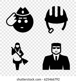 Uniform icons set. set of 4 uniform filled icons such as helmet, security guy, maid