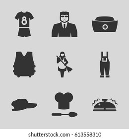 Uniform icons set. set of 9 uniform filled icons such as security guy, maid, gardener jumpsuit, nurse hat, bell, chef hat and spoon, football uniform, bulletproof vest