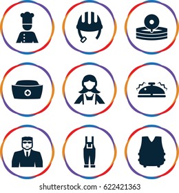 Uniform icons set. set of 9 uniform filled icons such as helmet, security guy, maid, gardener jumpsuit, nurse hat, medical reflector, chef, bell