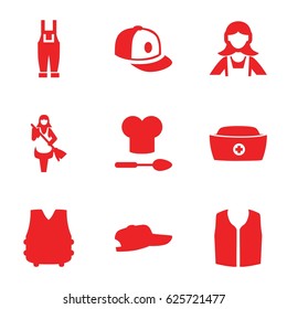Uniform icons set. set of 9 uniform filled icons such as maid, sleeveless shirt, baseball cap, gardener jumpsuit, nurse hat, chef hat and spoon