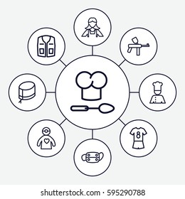 uniform icons set. Set of 9 uniform outline icons such as maid, sleeveless shirt, nurse hat, doctor with medical reflector, medical mask, chef, chef hat and spoon