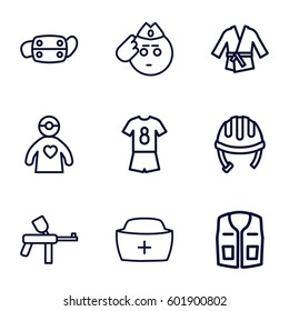 uniform icons set. Set of 9 uniform outline icons such as helmet, sleeveless shirt, nurse hat, doctor with medical reflector, medical mask, kimono, football uniform