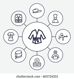Uniform icons set. set of 9 uniform outline icons such as sleeveless shirt, nurse hat, medical reflector, doctor with medical reflector, chef, kimono, football uniform
