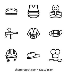 Uniform icons set. set of 9 uniform outline icons such as helmet, medical reflector, medical mask, bell, chef hat and spoon, bulletproof vest, kimono, baseball cap