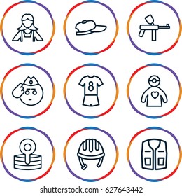 Uniform icons set. set of 9 uniform outline icons such as helmet, maid, sleeveless shirt, medical reflector, doctor with medical reflector, football uniform, soldier emot