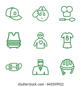 Uniform icons set. set of 9 uniform outline icons such as helmet, security guy, baseball cap, doctor with medical reflector, medical mask, chef hat and spoon, bulletproof vest