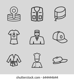 Uniform icons set. set of 9 uniform outline icons such as security guy, sleeveless shirt, baseball cap, nurse hat, medical reflector, chef, kimono