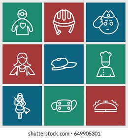Uniform icons set. set of 9 uniform outline icons such as helmet, maid, doctor with medical reflector, medical mask, chef, bell, soldier emot