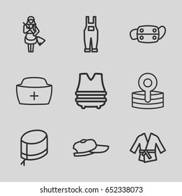 Uniform icons set. set of 9 uniform outline icons such as maid, gardener jumpsuit, nurse hat, medical reflector, medical mask, bulletproof vest, kimono
