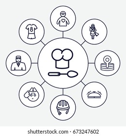 Uniform icons set. set of 9 uniform outline icons such as helmet, security guy, maid, medical reflector, doctor with medical reflector, bell, chef hat and spoon