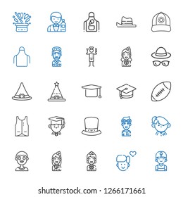 uniform icons set. Collection of uniform with clerk, boy, stewardess, student, pilot, hat, graduate, vest, american football, mortarboard. Editable and scalable uniform icons.