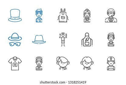 uniform icons set. Collection of uniform with clerk, student, pilot, football jersey, marshall, apron, chef, hat, doorman, stewardess. Editable and scalable uniform icons.