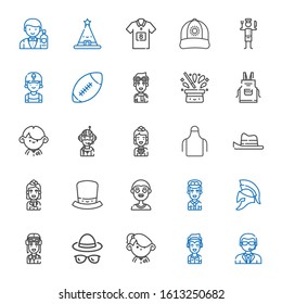 uniform icons set. Collection of uniform with doorman, marshall, student, hat, pilot, helmet, boy, stewardess, apron, american football, clerk. Editable and scalable uniform icons.