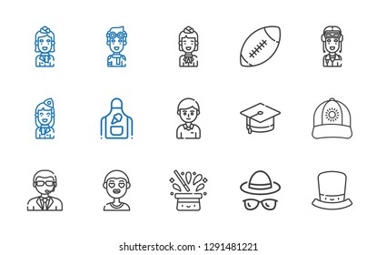 uniform icons set. Collection of uniform with hat, boy, doorman, cap, mortarboard, student, apron, stewardess, pilot, american football. Editable and scalable uniform icons.