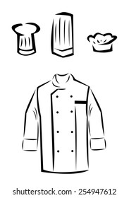 Uniform of a Master Chef Cook or Culinary Student. Sign or Symbol for Food Industry. Vector Illustration EPS10 and raster jpg Outline Artwork. 