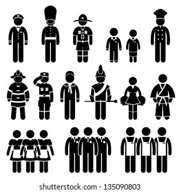 Uniform Outfit Clothing Wear Captain Scout Guard Student Chef Fireman Soldier Army Sailor Trainee Employee Worker Staff Stick Figure Pictogram Icon
