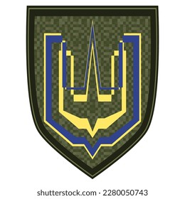 Uniform sign with golden trident. Green military ranks shoulder badge. Army soldier chevron. Colorful vector illustration isolated on white background.