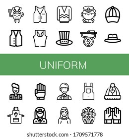 uniform simple icons set. Contains such icons as Chef, Vest, Sleeveless shirt, Long sleeve, Hat, Captain, Mortarboard, Baseball cap, Referee, can be used for web, mobile and logo