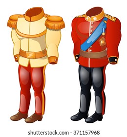 The uniform of the soldier of the past centuries isolated on white background. Vector cartoon close-up illustration.