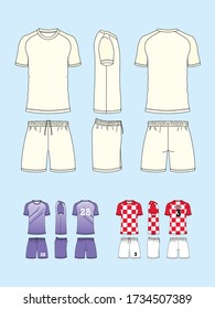 plantilla vectorial de diseño deportivo uniforme, maqueta de camiseta de la camiseta del club de fútbol y pantalones cortos vista frontal y lateral