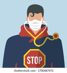 Uniform Super Hero Man Super Doctors Or Nurses In Outbreak Coronavirus. Paramedic Art Flat Design Face Mask Precautions Vector. Thank You Medical Staff For Healthcare Support & Love Treatment Cartoon