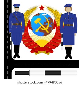 Uniform traffic police in the USSR on the background of the coat of arms of the USSR. The illustration on a white background.