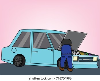 Uniformed auto mechanical maintaining under car hood and engine. Flat vector illustration concept.