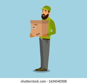 A uniformed courier holds a cardboard box. Courier with a parcel. Vector illustration in cartoon style.