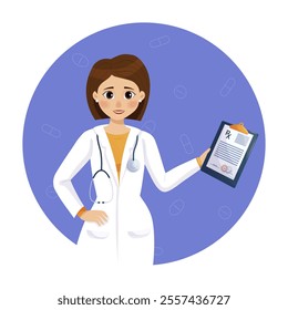 A uniformed female physician holds a prescription for medication for a patient. Concept of health care, treatment and pharmacy. Vector illustration in cartoon style.