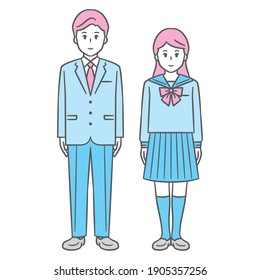 Uniformed junior and senior high school boys and girls, full body vector illustration set