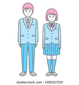 Uniformed junior and senior high school boys and girls, full body vector illustration set