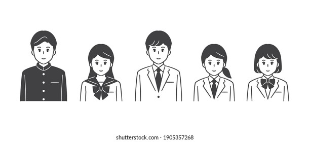 Uniformed junior and senior high school boys and girls, upper body vector illustration set