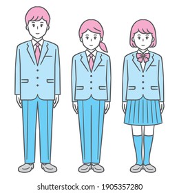 Uniformed junior and senior high school boys and girls, full body vector illustration set