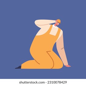 Uniformed Kneel Male Character. Professional Worker Dressed In A Standardized Outfit Sitting on Floor due to Accident