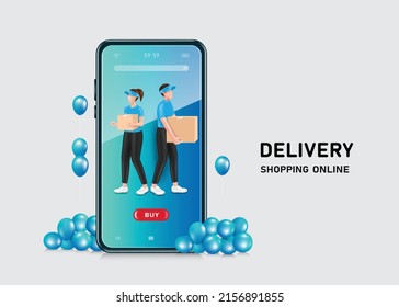 Uniformed male and female couriers are lifting parcels to deliver to customers they both stood in front of their smartphone screens,vector 3d on white background for online shopping and delivery 