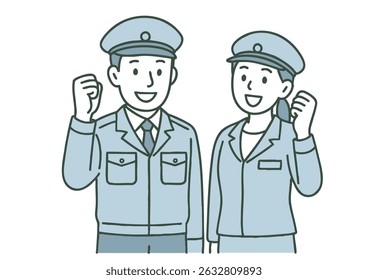 Uniformed Male and Female Workers Making a Fist Pump Gesture