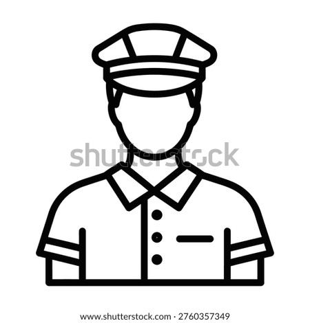 Uniformed man icon with cap - professional staff avatar line art for service and authority figures with black white