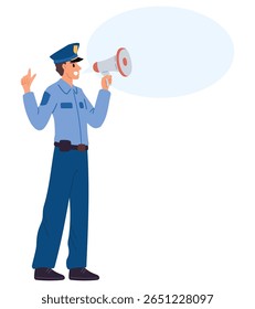 Uniformed police officer gives important information through megaphone. Public speaker. Speech bubble. Woman speaking with loudspeaker. Sheriff announce. Policeman message. Vector concept