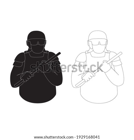Uniformed policeman with a baton. Vector isolated silhouette and linear black and white icons.