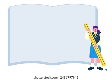 Uniformed schoolgirl with large pencil in hand and book frame background