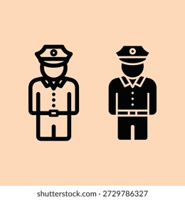 Uniformed security guards standing side by side in formal attire with caps badges and belts illustrated in minimalist black and beige style with a flat design aesthetic