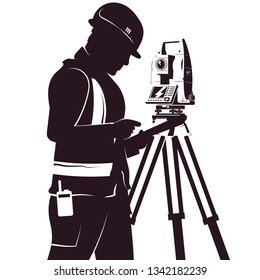 Uniformed surveyor and total station silhouette for geoedesy