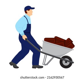 A uniformed worker carries bricks in a construction wheelbarrow.  Vector Illustration in flat style on white background.