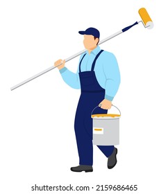 A uniformed worker walks with a roller and a bucket of paint in his hands. Decorator male, house painter. Apartment renovation. Isolated vector illustration in cartoon style on a white background