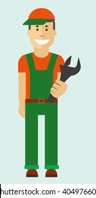 Uniformed worker with wrench, vector illustration