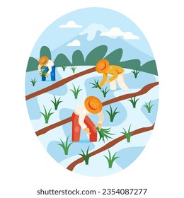 Trabajadores uniformados cosechando orejas de plantación de arroz con agua. Trabajo de campo, concepto de cosecha. Ilustración vectorial plana en estilo de dibujos animados en colores verde y azul